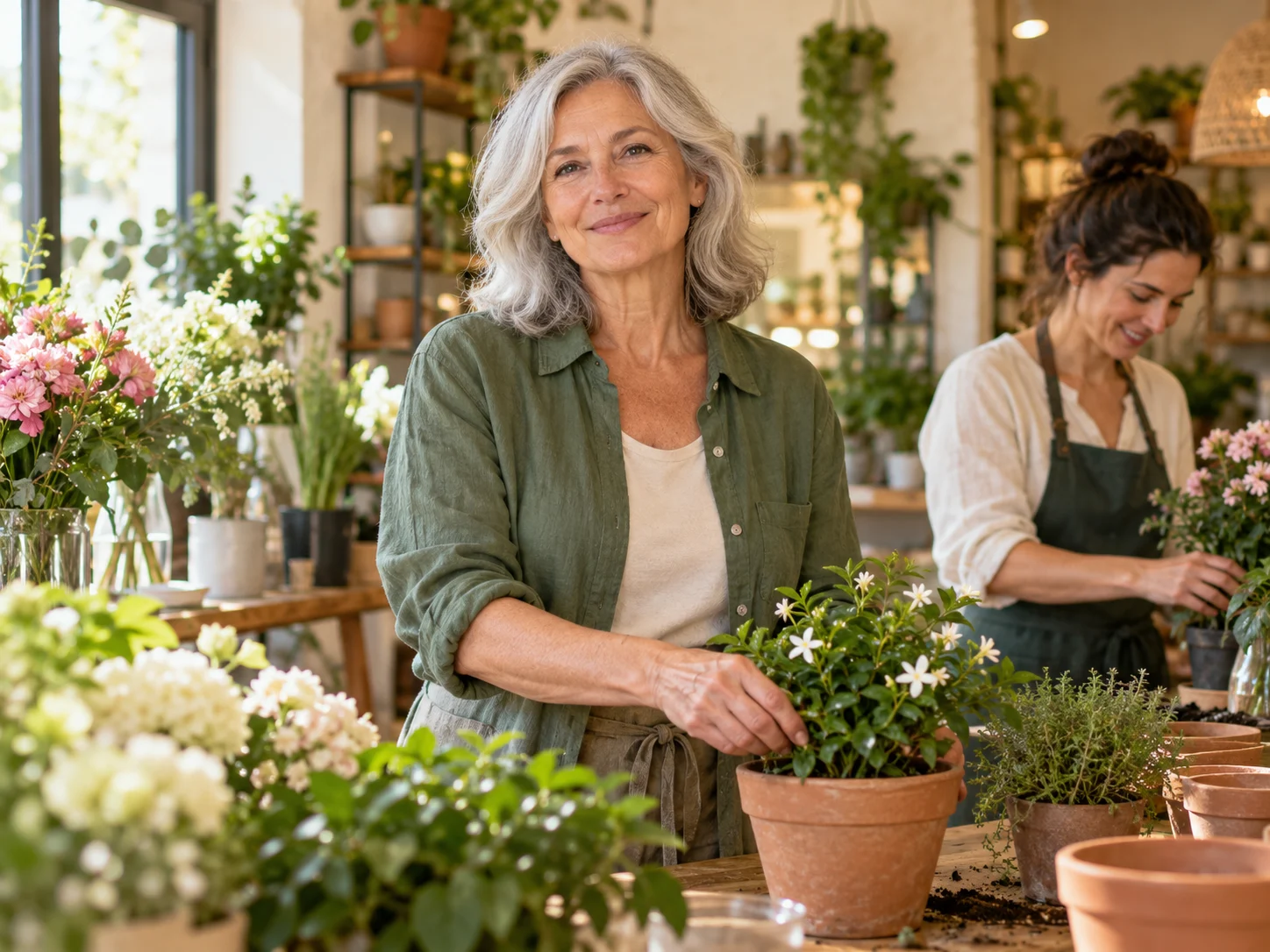 Une femme aux cheveux argentés et une collègue travaillent ensemble dans une boutique de plantes.